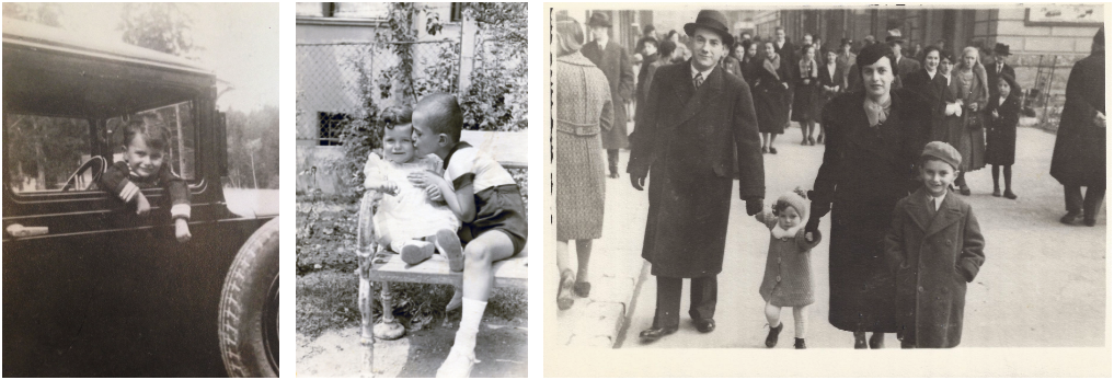 Collage of images of Al Finci and his family. Al as a child in Sarajevo. Middle: Al and his sister, Erna. Right: A street photographer captures the Finci family walking together: Al's father, Joseph Finci; Erna; his mother, Lenka Musafia Finci; and Al.
