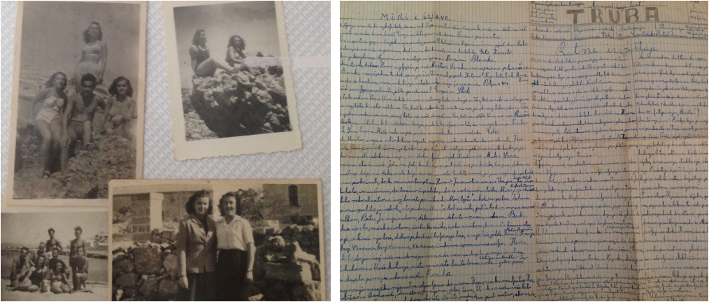Left: Rose at the beach with friends, 1945-1946. Right: Truba, a camp newspaper created by young DPs.